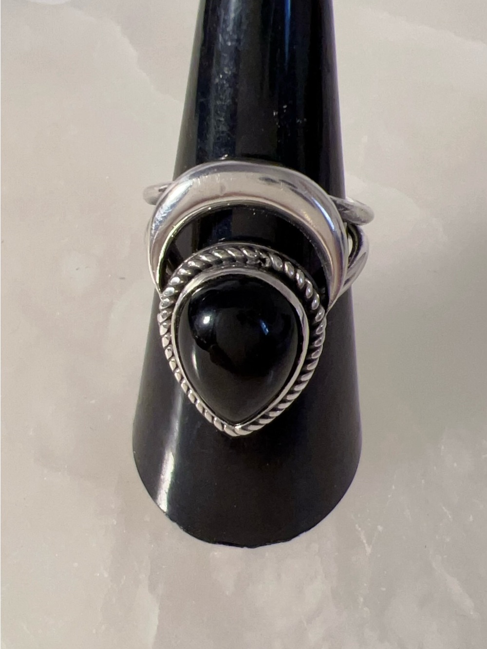 Boho Magic Moon .925 Sterling Silver Black Black Tourmaline Teardrop Size 7 Ring